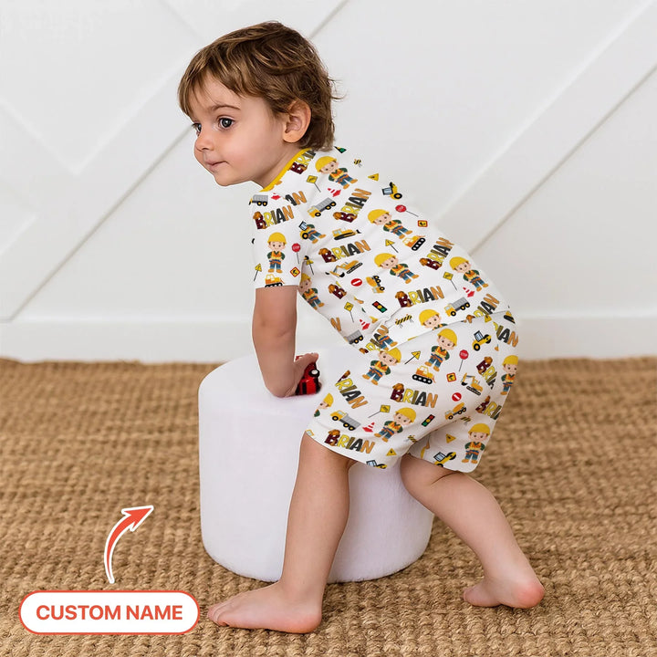 Custom Name Doodle Little Builder Bamboo Two Piece Short Sleeve Shorts Pajama Set