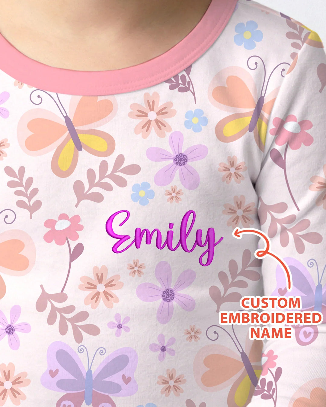 Custom Embroidered Name Butterfly Bamboo Two Piece Long Sleeve Pajama Set