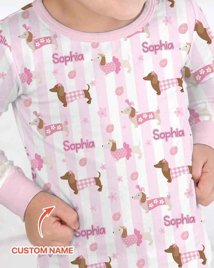 Custom Name Easter Dachshunds Family Matching Bamboo Two Piece Long Sleeve Pajama Set