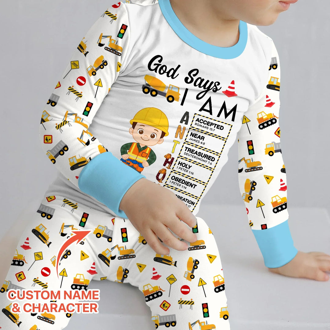 Custom Name God Says I Am Little Builder Letter in Bible Bamboo Two Piece Long Sleeve Pajama Set
