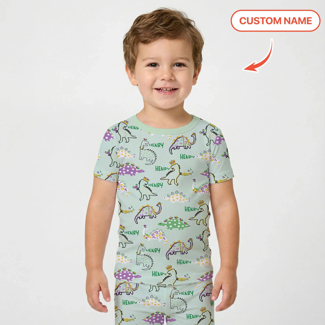 Custom Name Mardi Gras Saurus Bamboo Two Piece Short Sleeve Pajama Set