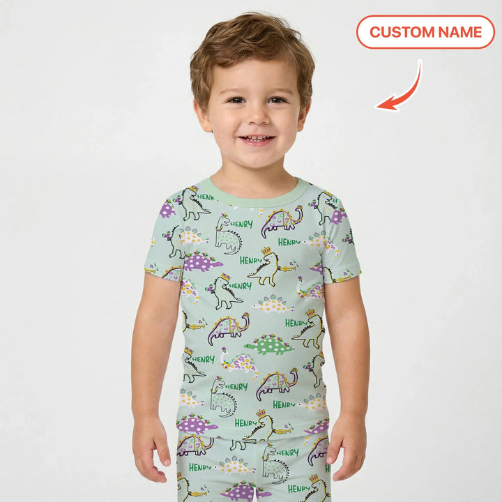 Custom Name Mardi Gras Saurus Bamboo Two Piece Short Sleeve Pajama Set