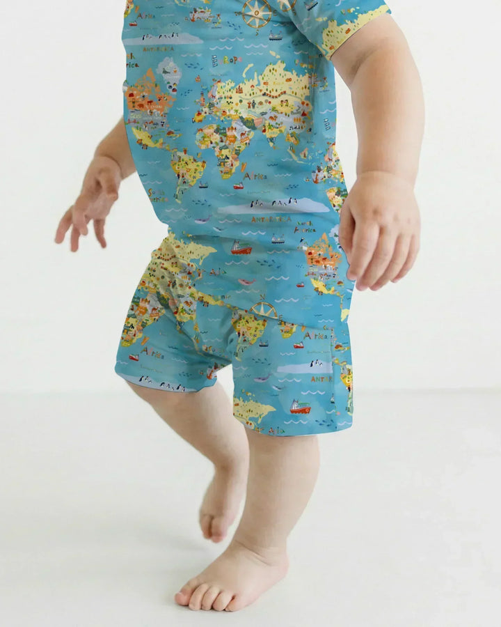 Whimsical World Map Family Matching Bamboo Two Piece Short Sleeve Shorts Pajama Set