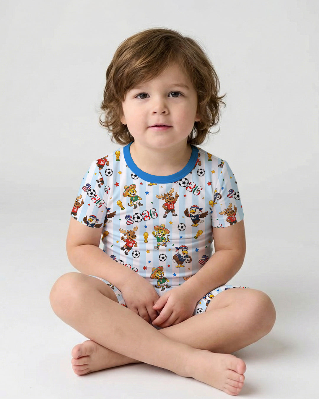 Striped Cute Mascots Soccer Cup 2026 Bamboo Two Piece Short Sleeve Shorts Pajama Set