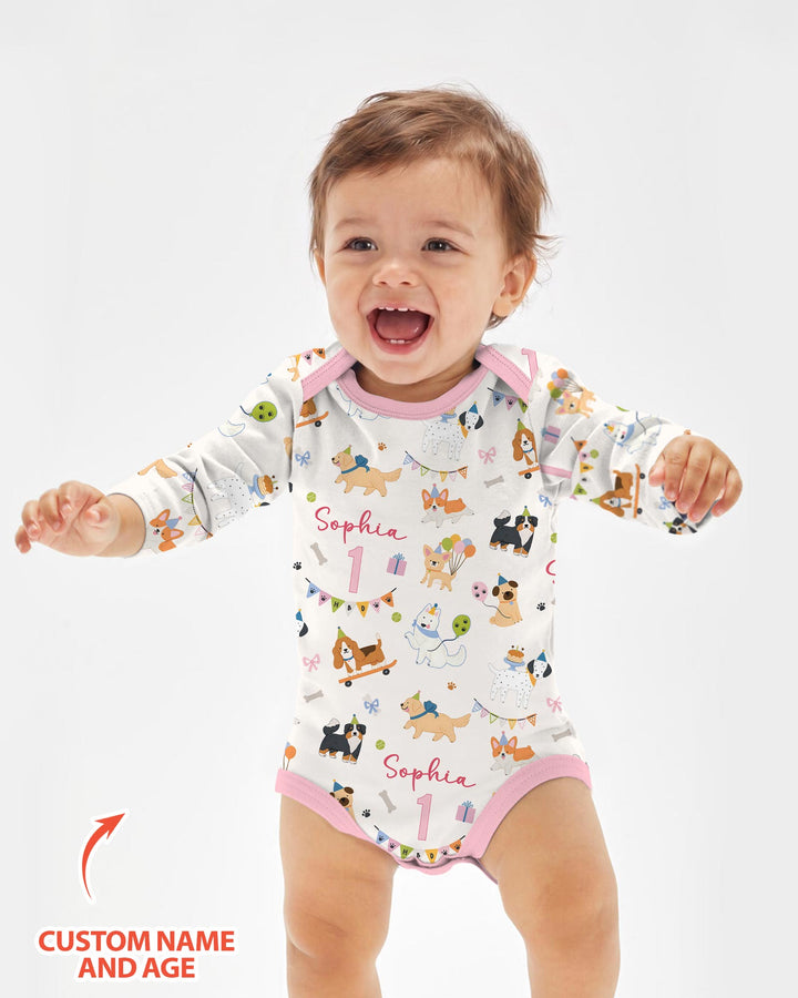 Custom Name Birthday Dogs Party Bamboo Bodysuit
