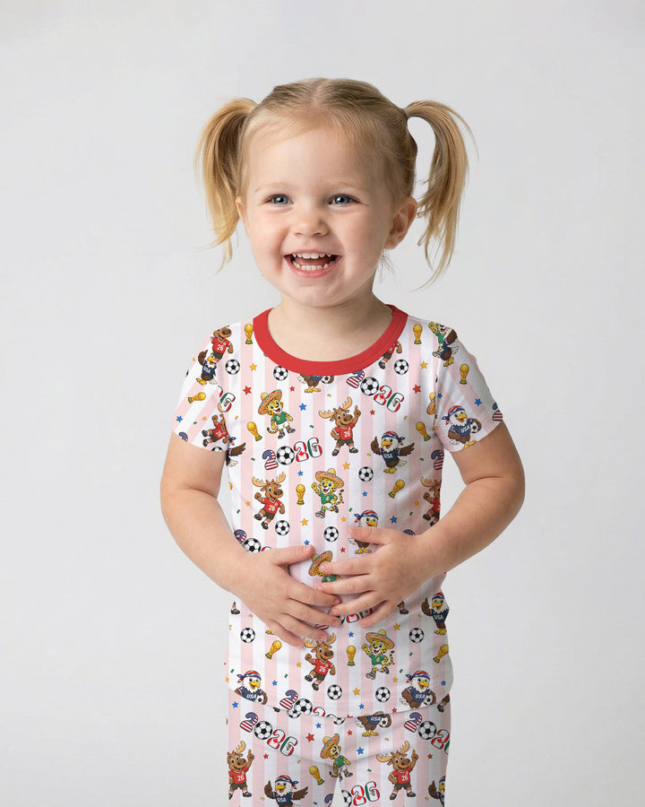 Striped Cute Mascots Soccer Cup 2026 Bamboo Two Piece Short Sleeve Pajama Set