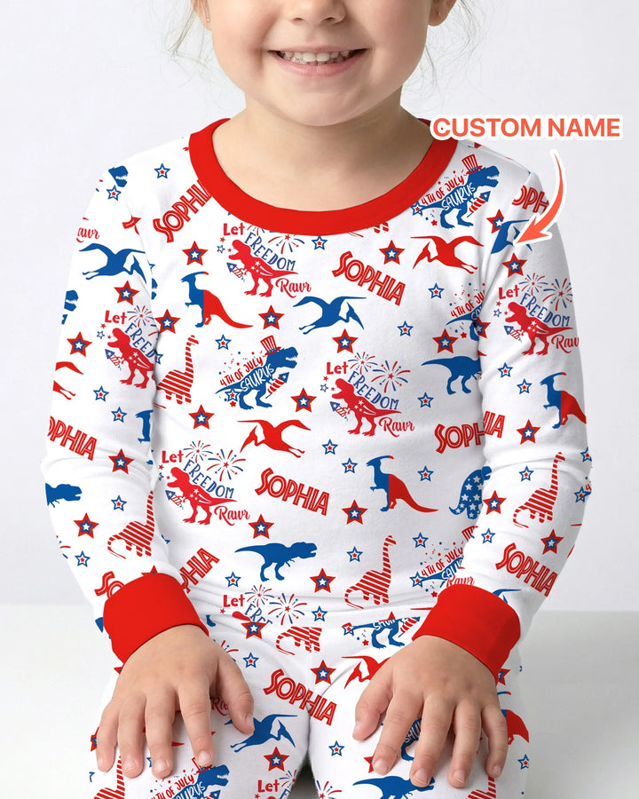 Custom Name Patriotic Dinosaur Bamboo Two Piece Long Sleeve Pajama Set
