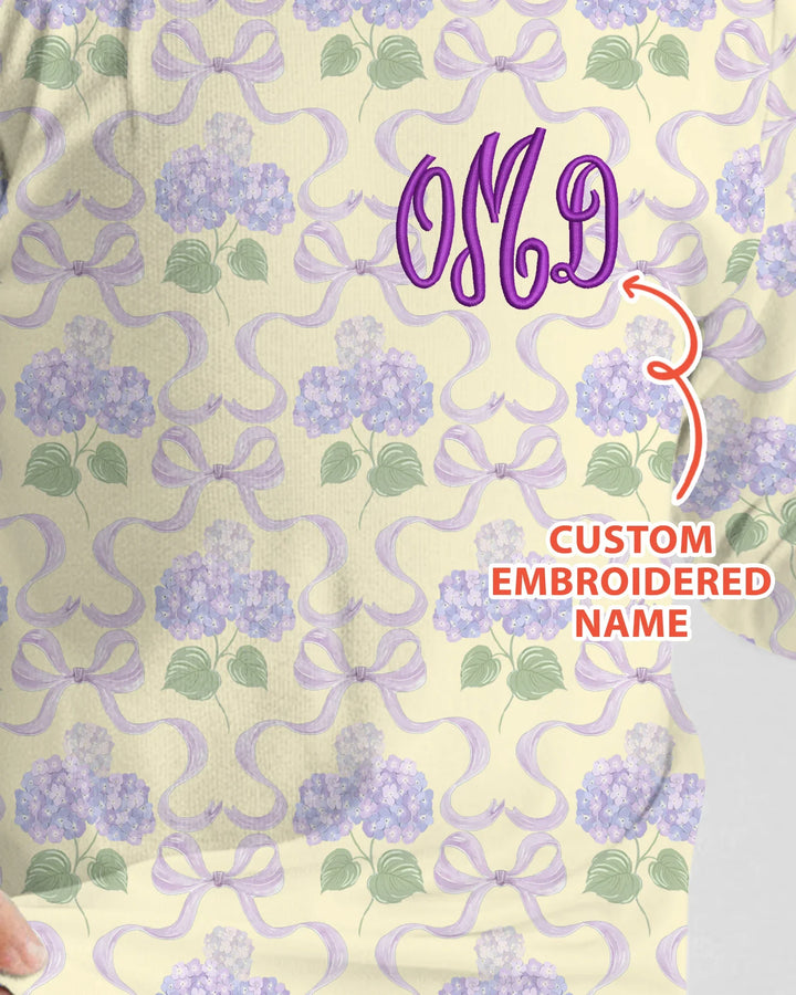 Custom Name Embroidered Hydrangea Welcome Home Bamboo Two Piece Long Sleeve Pajama Set