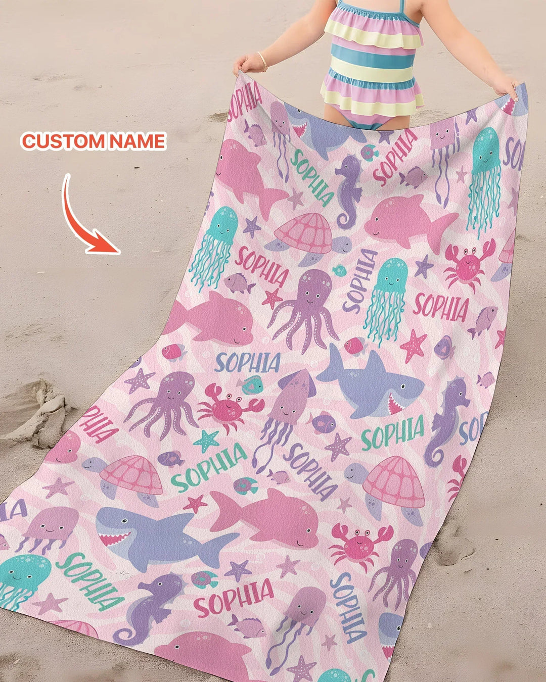 Custom Name Sea Life Kid Bamboo Beach Towel