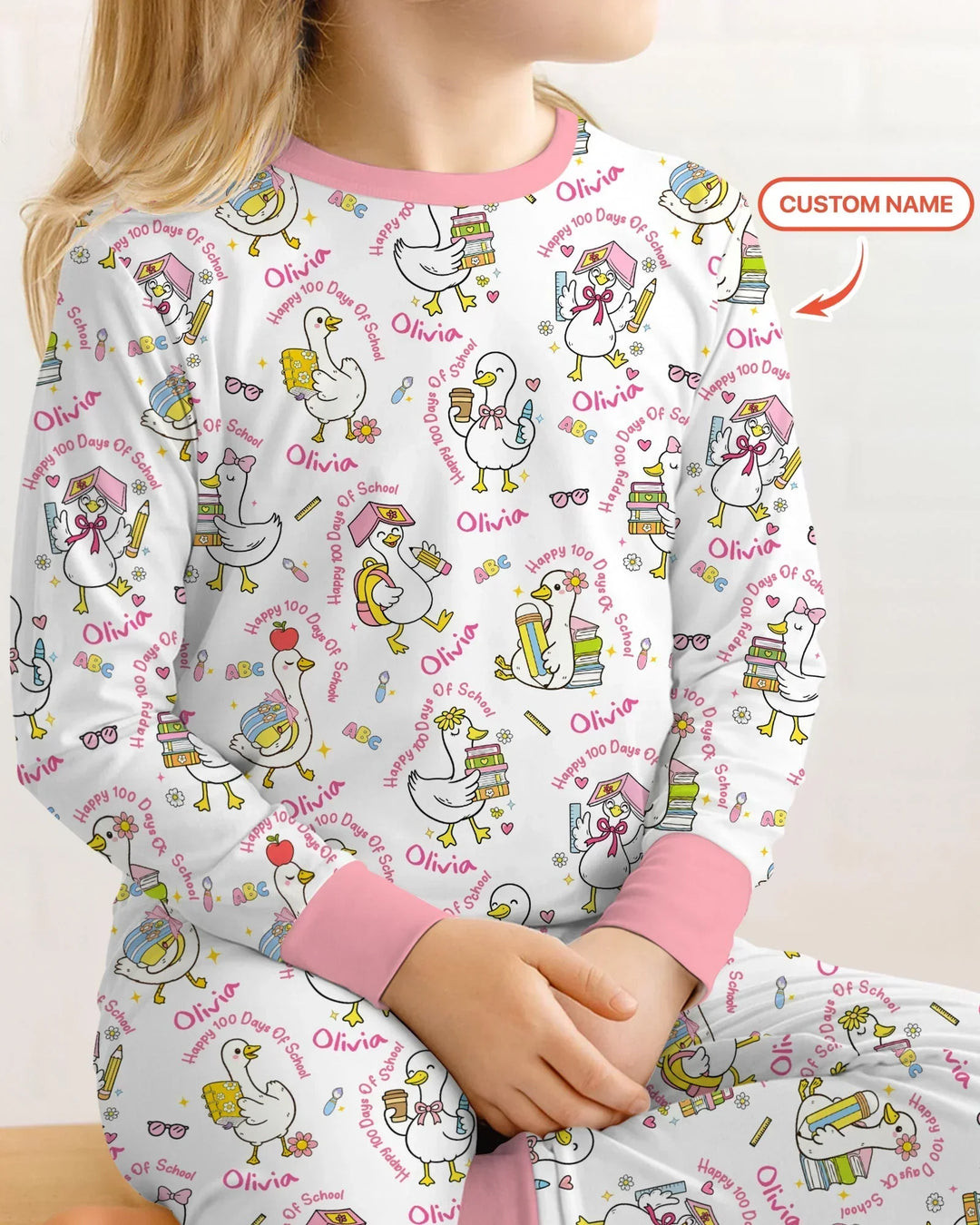 Custom Name Goose Happy 100 Days Of School Bamboo Two Piece Long Sleeve Pajama Set