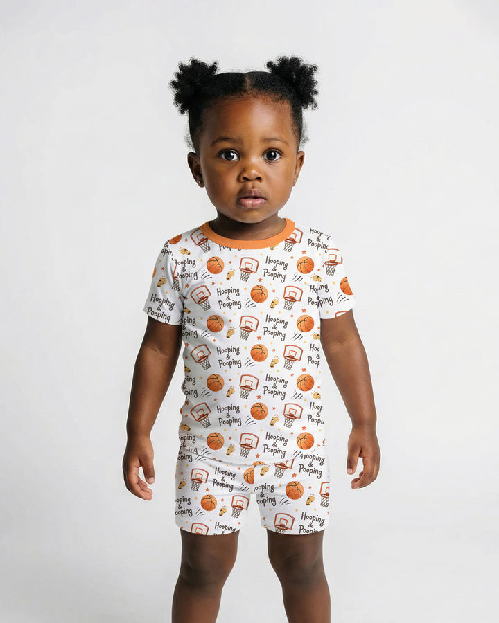 Funny Basketball Hooping & Pooping Bamboo Two Piece Short Sleeve Shorts Pajama Set