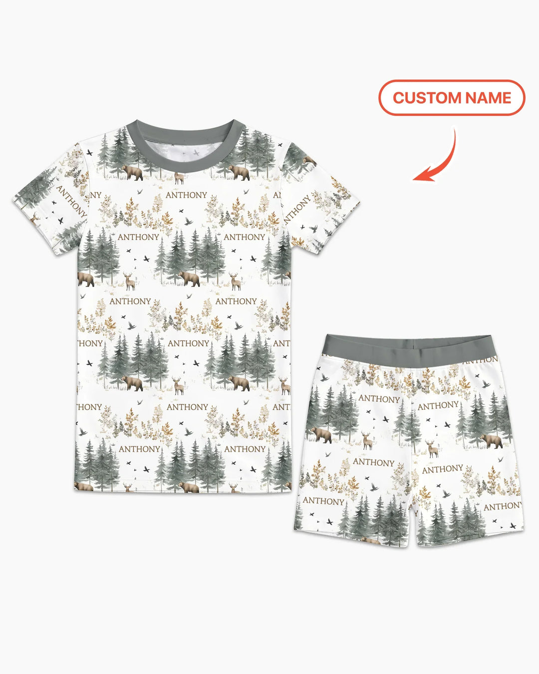 Custom Name Forest Bear Deer Bamboo Two Piece Short Sleeve Shorts Pajama Set