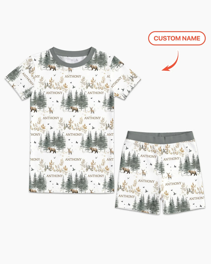 Custom Name Forest Bear Deer Bamboo Two Piece Short Sleeve Shorts Pajama Set