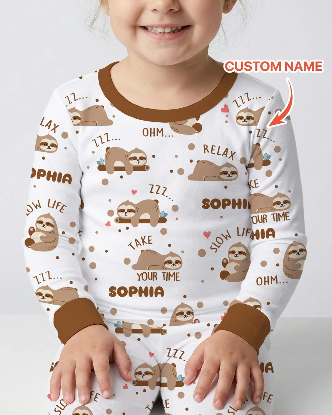 Custom Name Cute Sloth Bamboo Two Piece Long Sleeve Pajama Set
