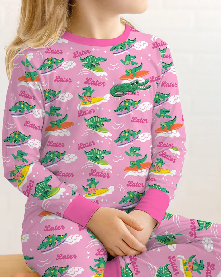 Embroidered Summer Alligator Bamboo Two Piece Long Sleeve Pajama Set