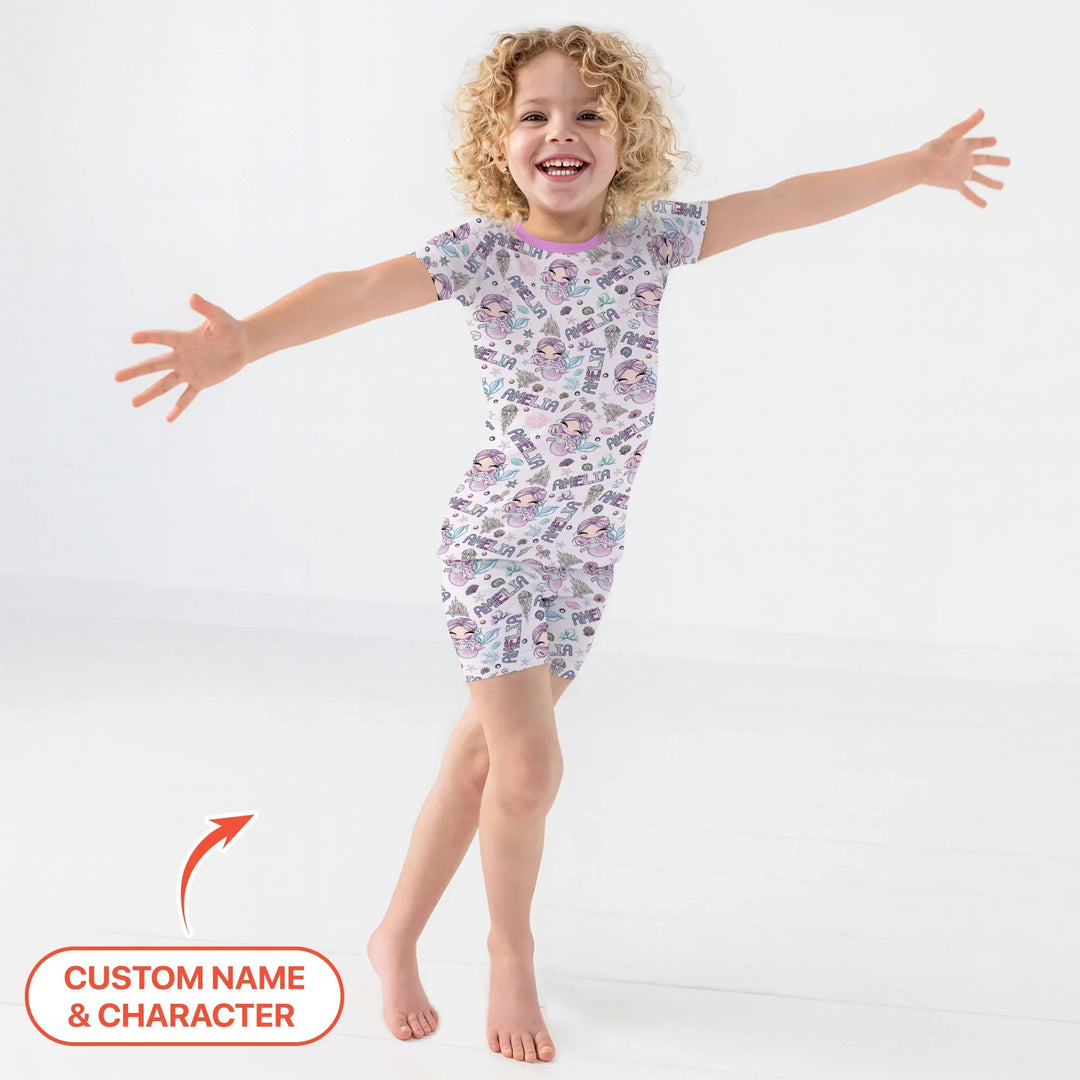 Custom Name Doodle Little Mermaid Bamboo Two Piece Short Sleeve Shorts Pajama Set