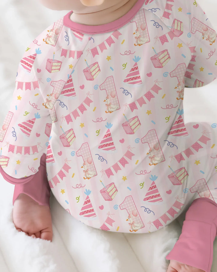 1st Birthday Girl Embroidered Baby Bamboo Convertible Zippy