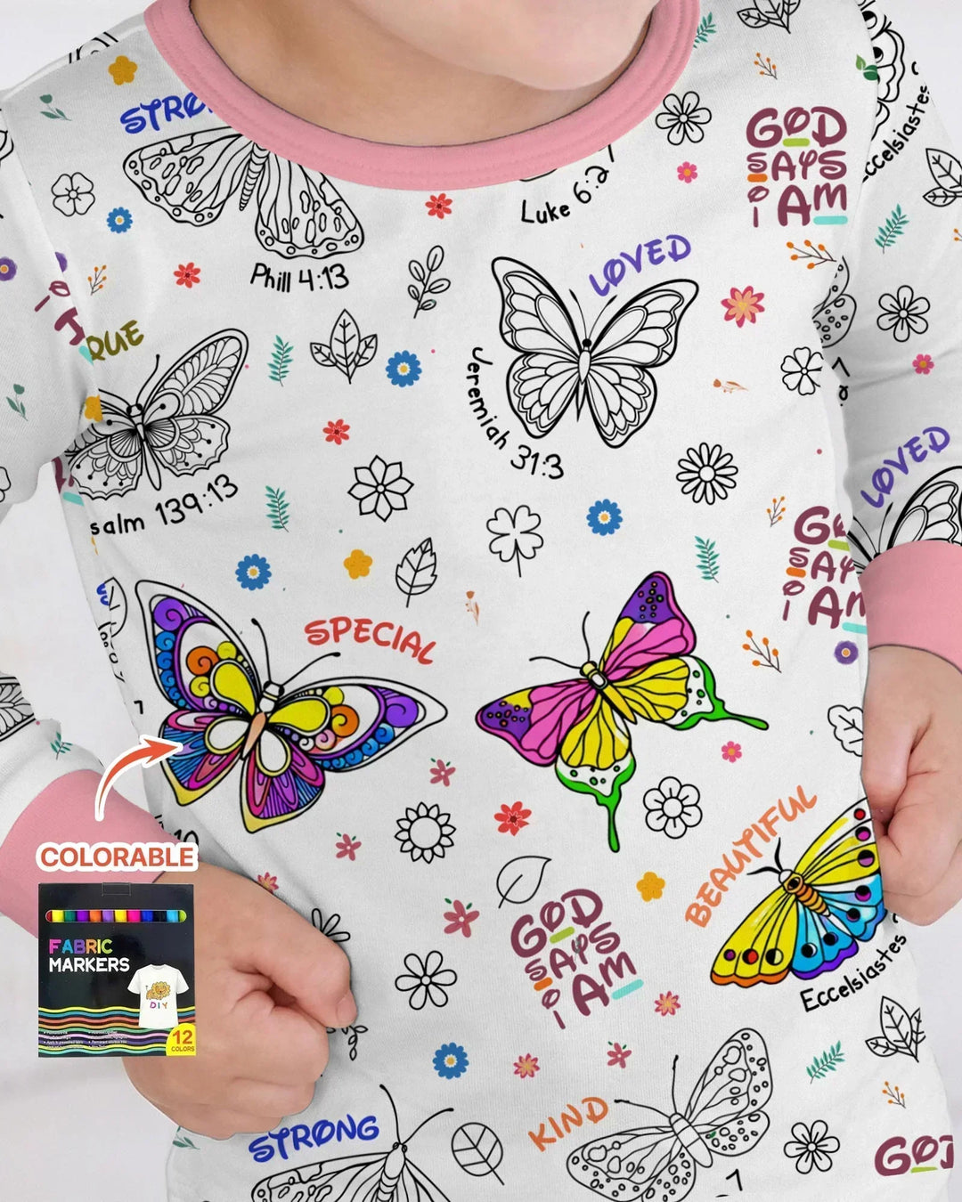 Colorable God Says I Am Butterfly Bamboo Two Piece Long Sleeve Pajama Set