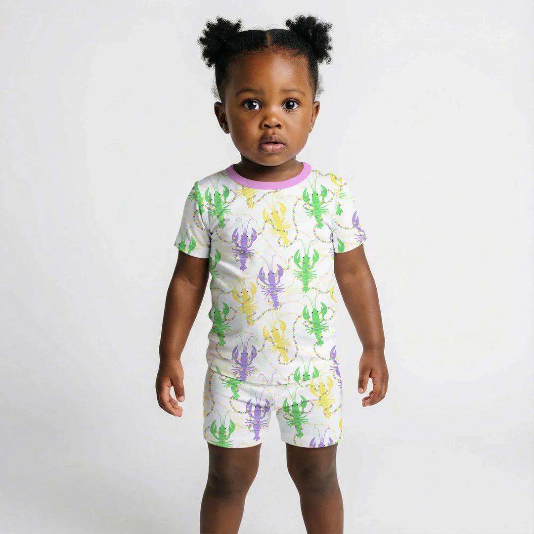Mardi Gras Crawfish Family Matching Bamboo Two Piece Short Sleeve Shorts Pajama Set