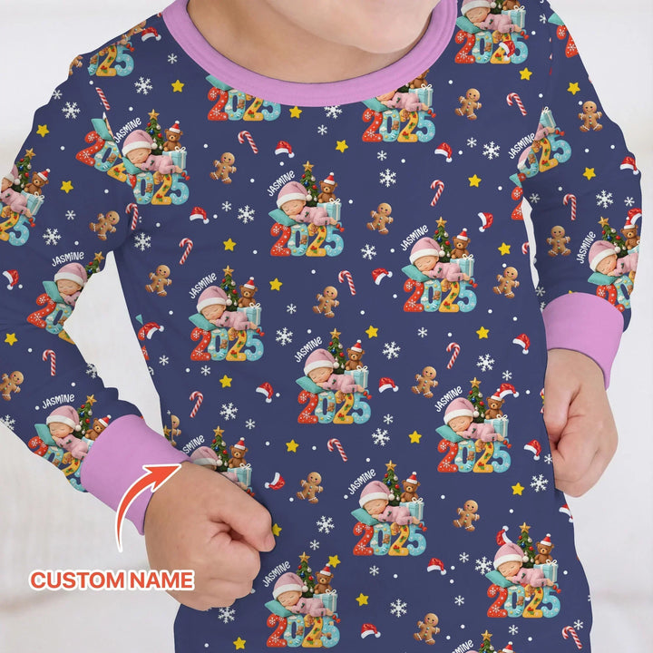 Custom Name Baby Girl's First Christmas Bamboo Two Piece Long Sleeve Pajama Set