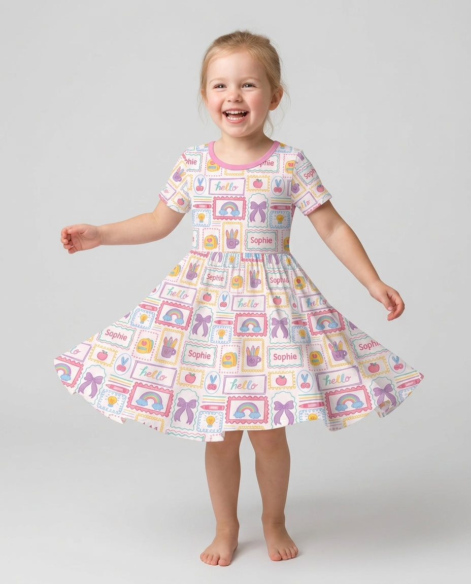 Custom Name Hello School Bamboo Twirl Dress