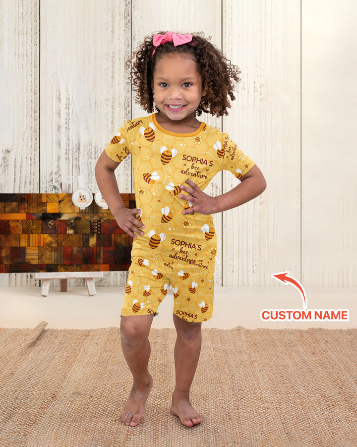 Custom Name Bee Back To School Bamboo Two Piece Short Sleeve Shorts Pajama Set
