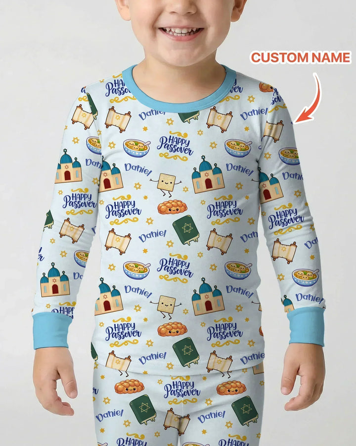 Custom name "Pesach Sameach" Bamboo Two Piece Long Sleeve Pajama Set
