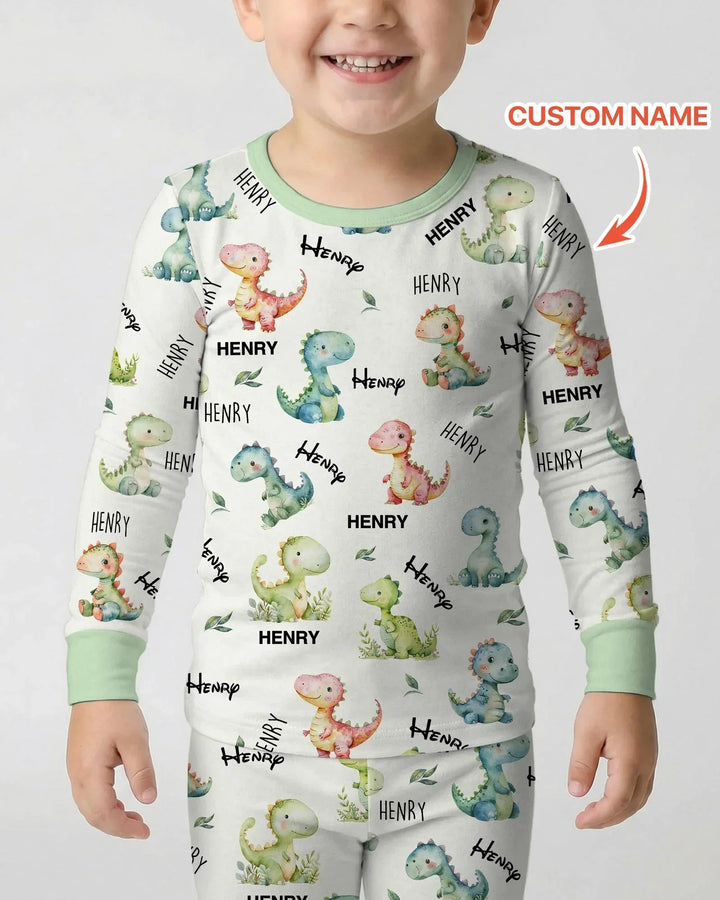 Dinosaur Custom Name Bamboo Two Piece Long Sleeve Pajama Set