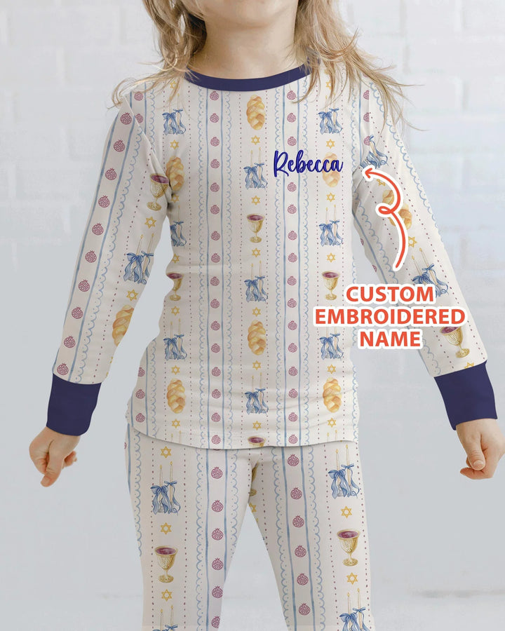 Custom Embroidered Name Shabbat Matching With Mom Bamboo Two Piece Long Sleeve Pajama Set