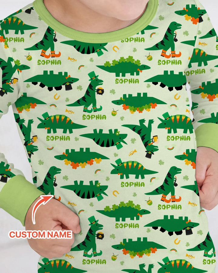 Custom Name St. Patrick's Day Dinosaurs Bamboo Two Piece Long Sleeve Pajama Set