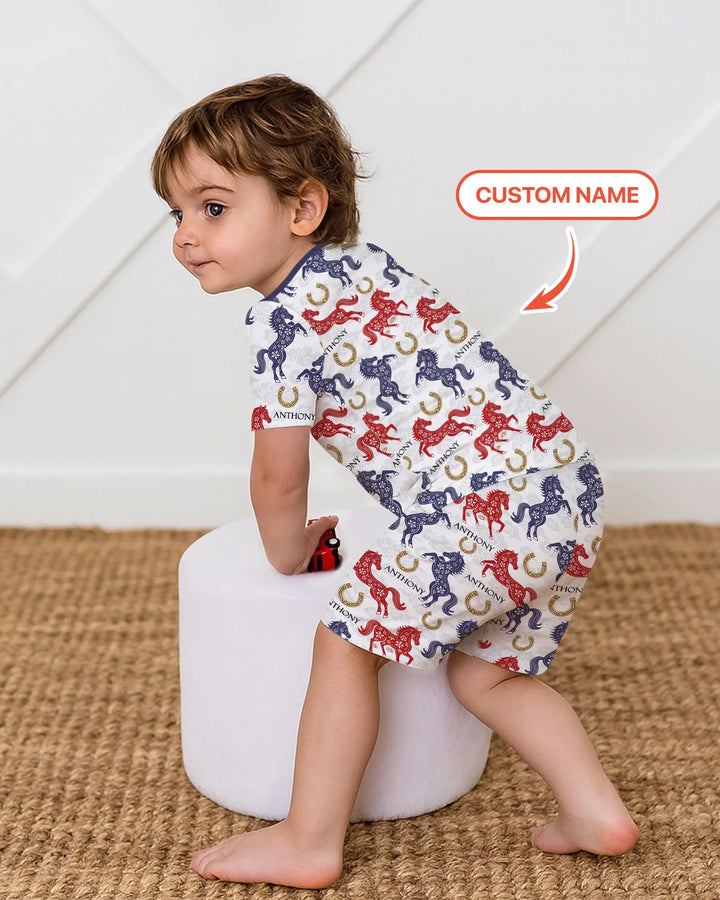 Custom Name Chinoiserie Horses Bamboo Two Piece Short Sleeve Shorts Pajama Set