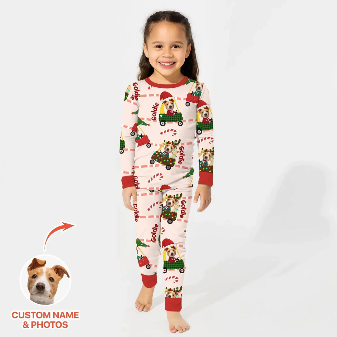 Custom Pet Photo Christmas Tikes Car Bamboo Two Piece Long Sleeve Pajama Set