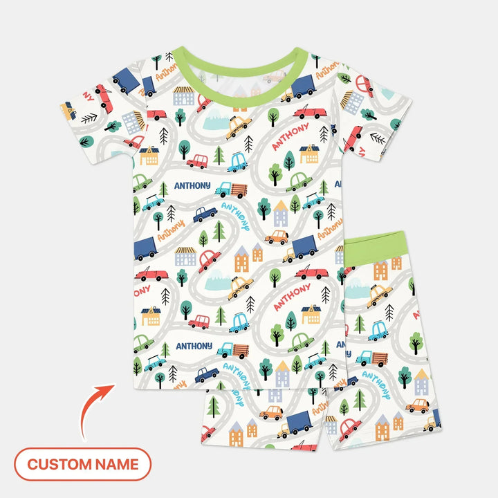Custom Name Road Map Bamboo Two Piece Short Sleeve Shorts Pajama Set