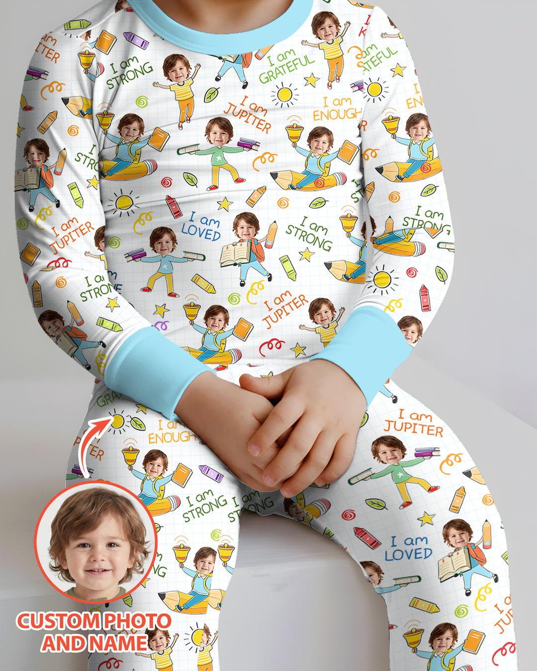 Custom Photo Kid Affirmations I Am Kind Bamboo Two Piece Long Sleeve Pajama Set