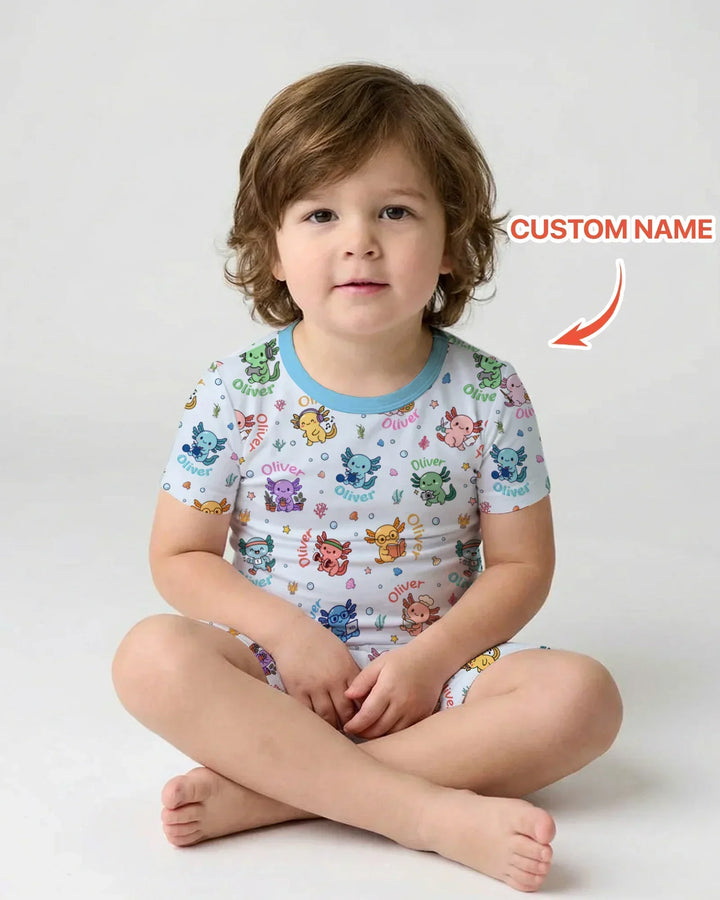 Custom Name Cute Hobby Axolotl Bamboo Two Piece Short Sleeve Shorts Pajama Set