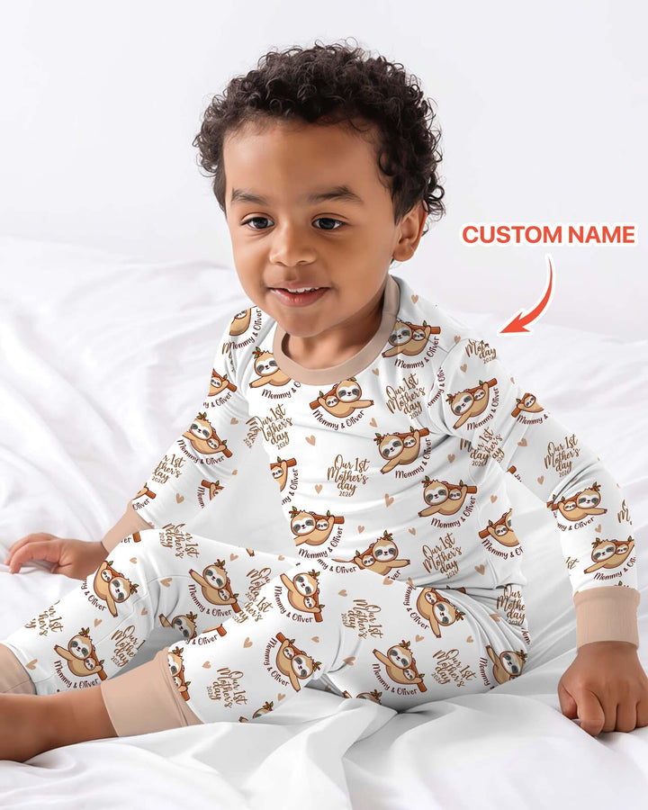 Custom Name Mama & Baby Sloth – Our First Mother’s Day 2026 Bamboo Two Piece Long Sleeve Pajama Set