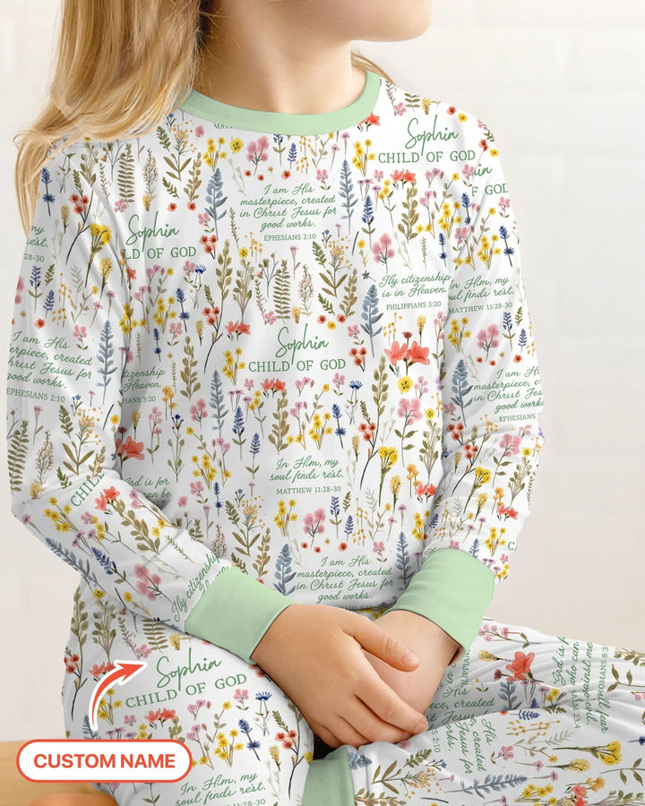 Custom Name Child of God Flower Garden Bamboo Two Piece Long Sleeve Pajama Set