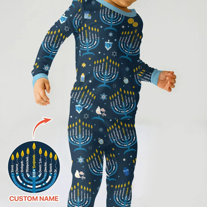 Hanukkah Custom Name Bamboo Two Piece Long Sleeve Pajama Set