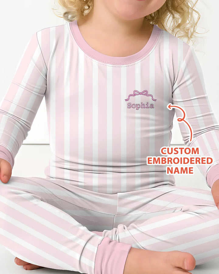Personalized Embroidered Pink Stripes Baby Bamboo Two Piece Long Sleeve Pajama Set