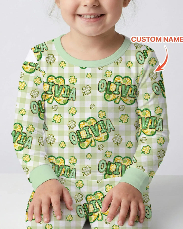 Lucky Shamrock Custom Name Bamboo Two Piece Long Sleeve Pajama Set