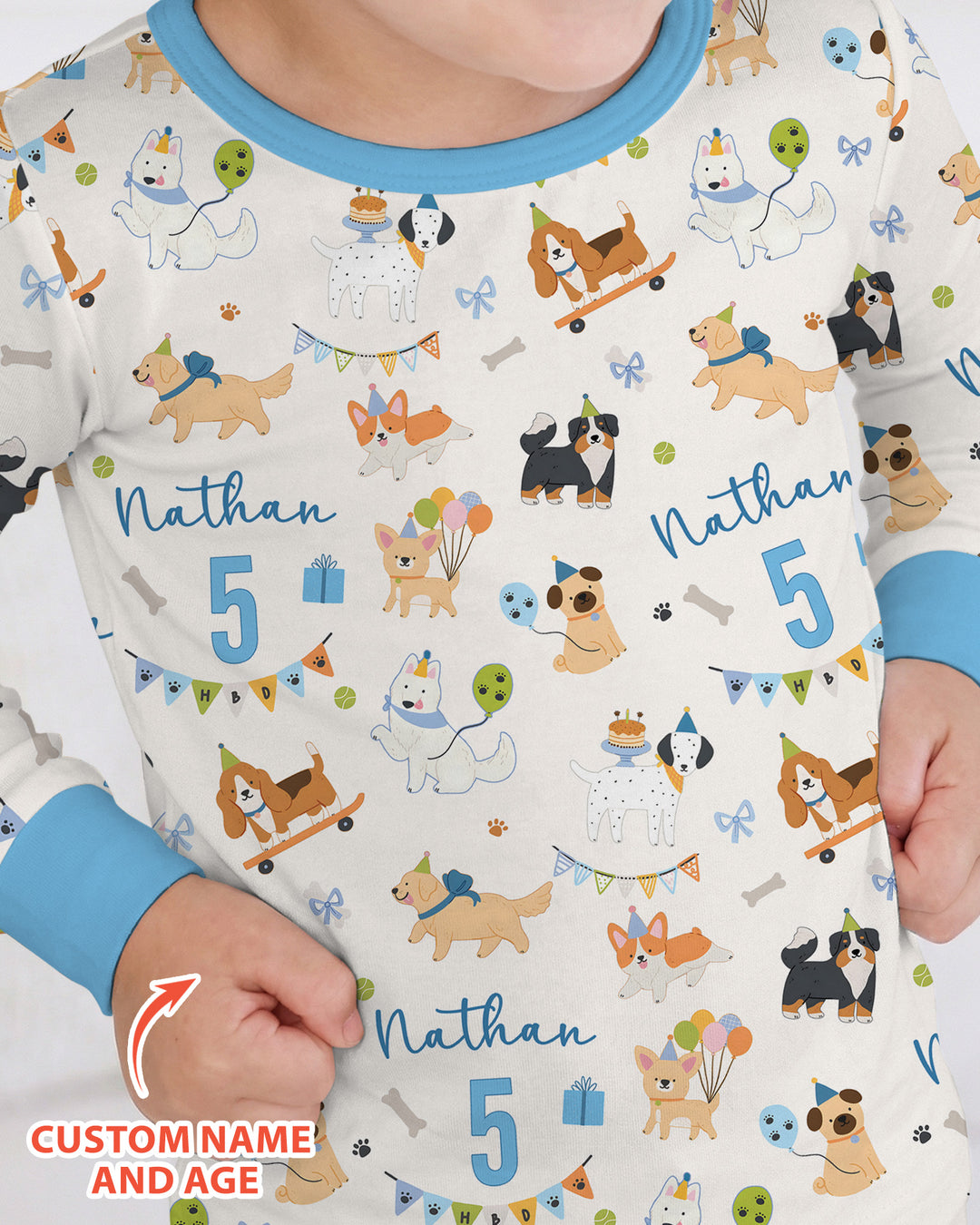 Custom Name Birthday Dogs Party Bamboo Two Piece Long Sleeve Pajama Set
