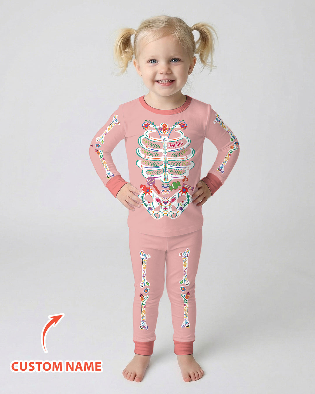Custom Mexican Halloween Floral Skeleton Bamboo Two Piece Long Sleeve Pajama Set