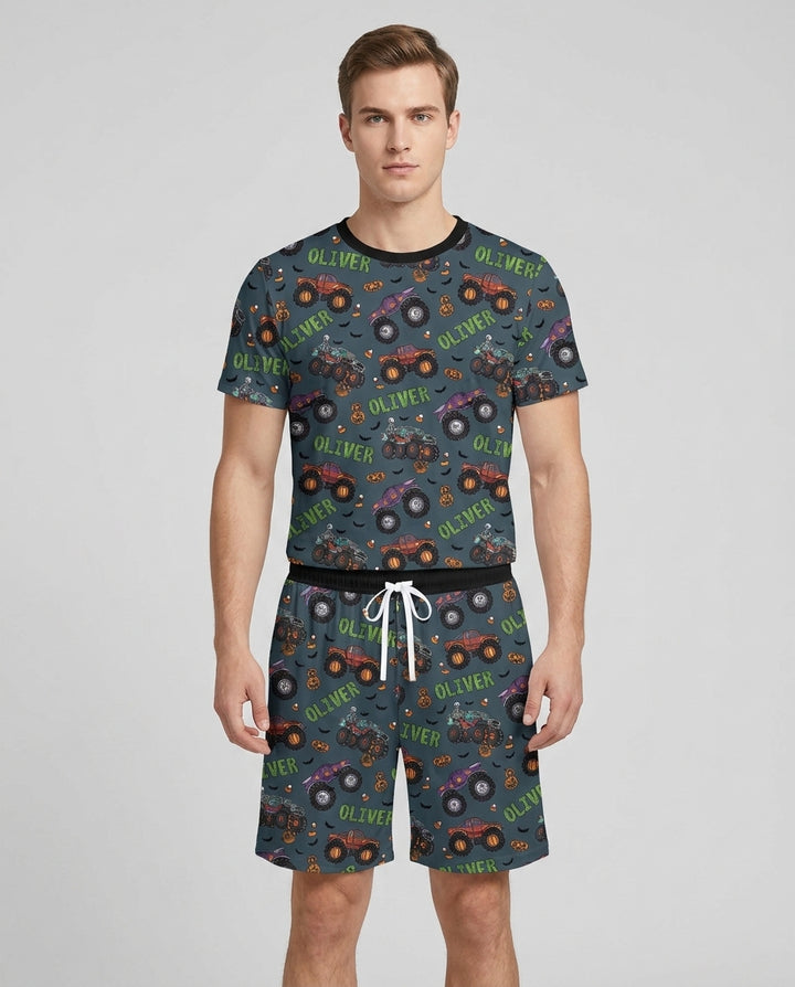 Custom Name Haunted Monster Trucks  Bamboo Men Short Sleeve Short Pajama Set