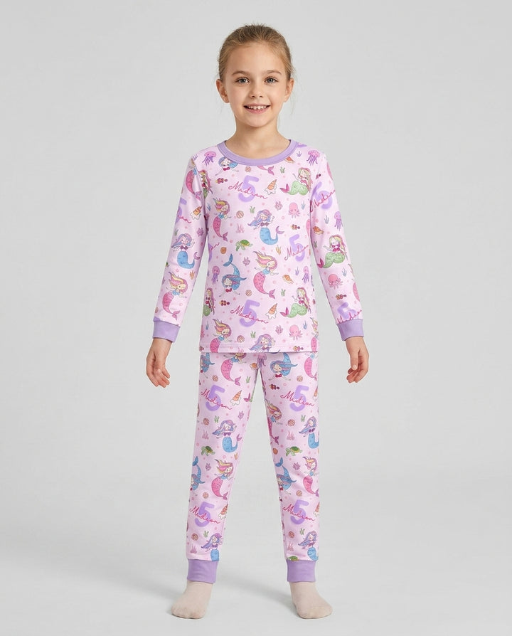Custom Name Birthday Mermaid Bamboo Two Piece Long Sleeve Pajama Set