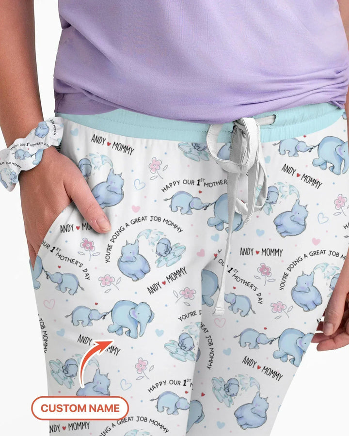 Custom Name Mother & Baby Elephant Bamboo Women Pajama Set
