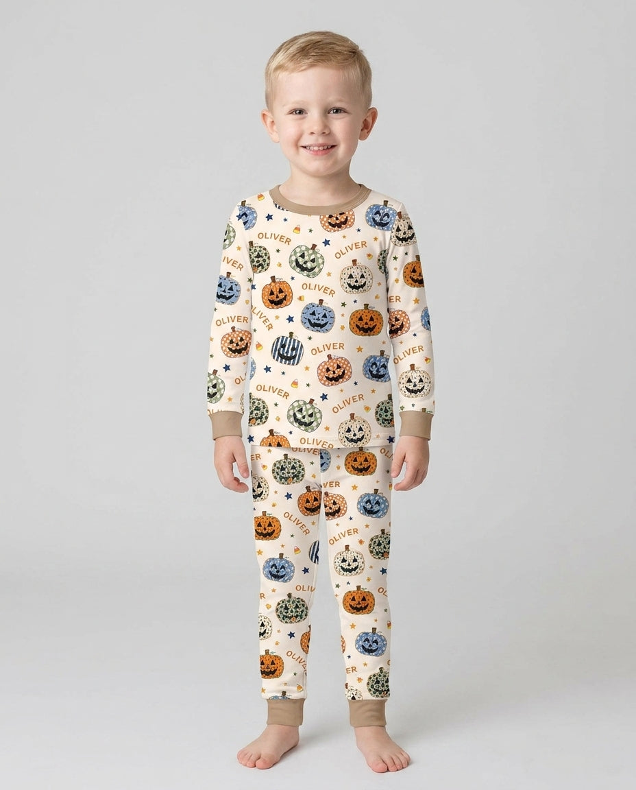 Custom Name Colorful Jack O Lantern Bamboo Two Piece Long Sleeve Pajama Set