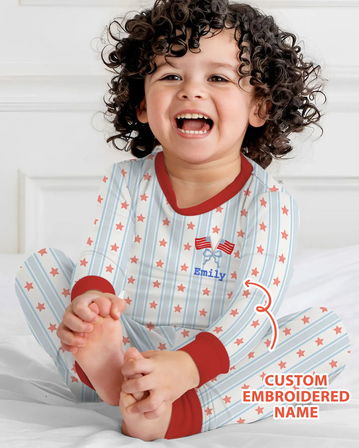 Custom Name Embroidered First 4th Of July Baby Bamboo Two Piece Long Sleeve Pajama Set