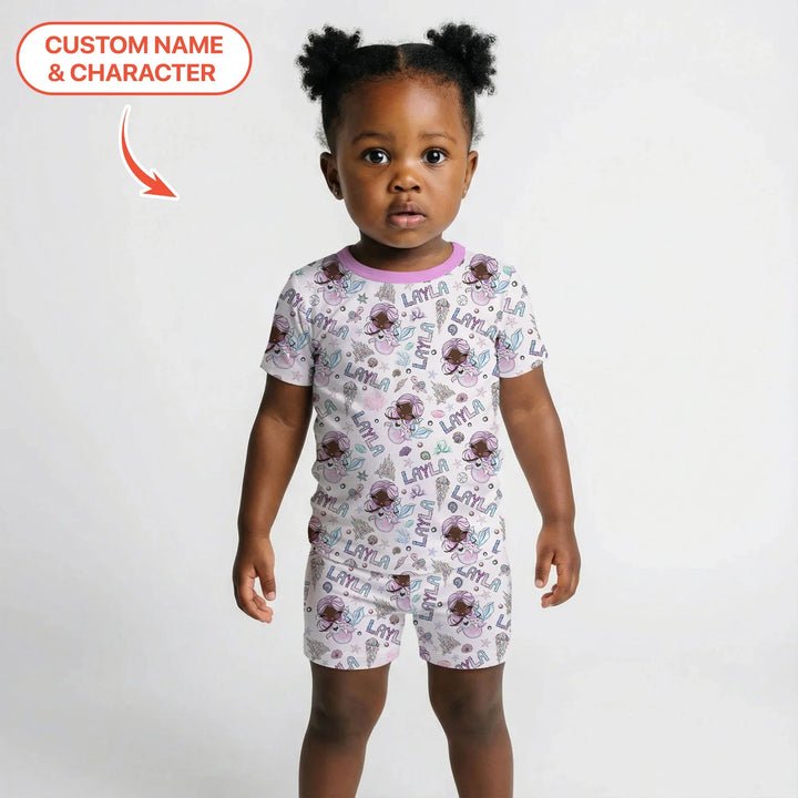 Custom Name Doodle Little Mermaid Bamboo Two Piece Short Sleeve Shorts Pajama Set