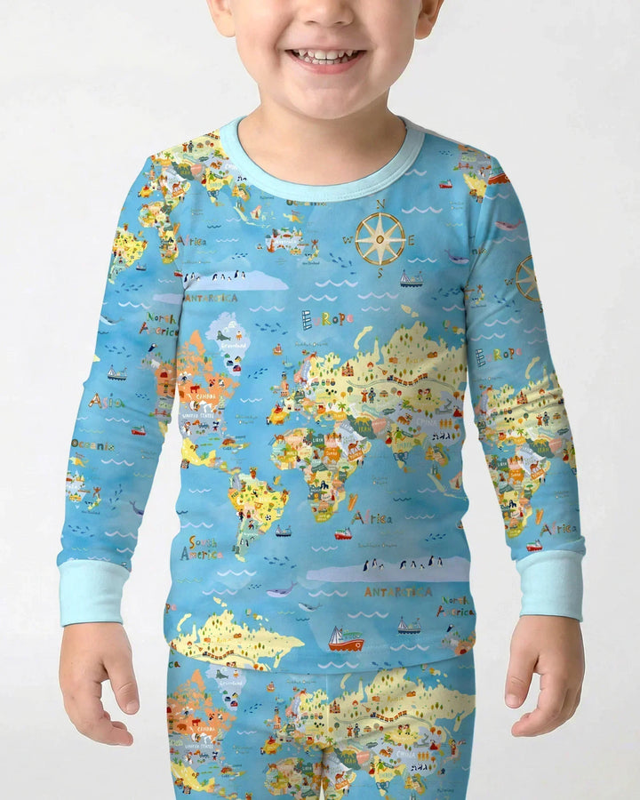 Whimsical World Map Family Matching Bamboo Two Piece Long Sleeve Pajama Set