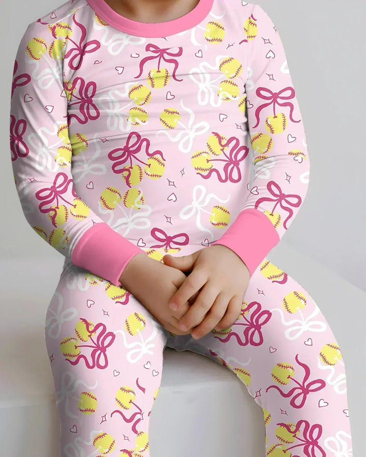 Softball Cherry Mom And Girl Matching Bamboo Two Piece Long Sleeve Pajama Set